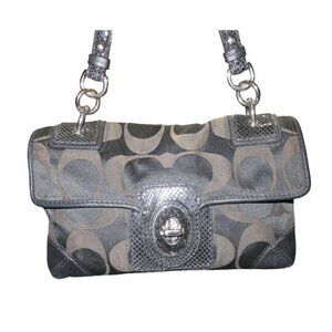 COACH Peyton Black Snake Embossed Leather and Signature Sateen Turnlock Flap Bag